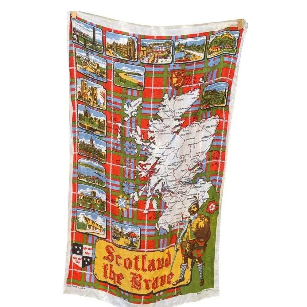Vintage Scotland the Brave Linen Tea Towel Map Tartan Souvenir 18x30 1970s